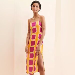 Anthropologie Pink & Yellow Geometric Slip Midi Dress